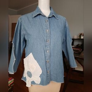 Vintage Denim Shirt Applique Flower Pocket Open Cutout Sleeves Size M